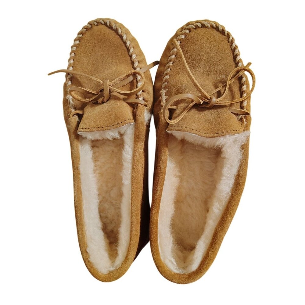 Minnetonka Women's Leather Brown Slippers, Size 7 Sheep Fur Lining House Shoes
